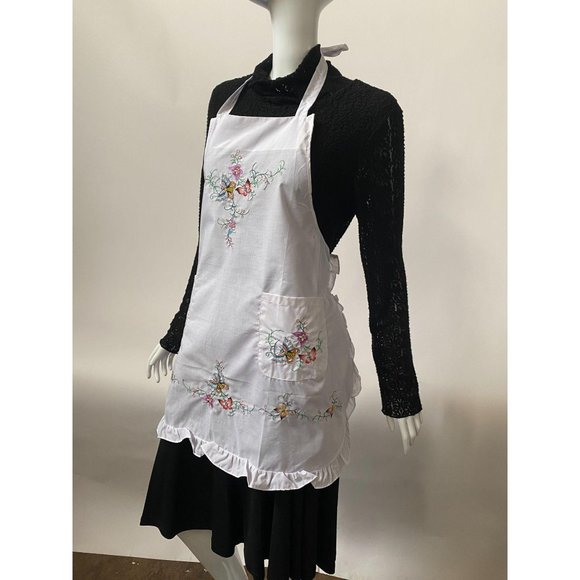 White Butterfly Embroidered Bib Apron